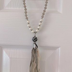 Costume jewelry necklace 26” cream and gray.